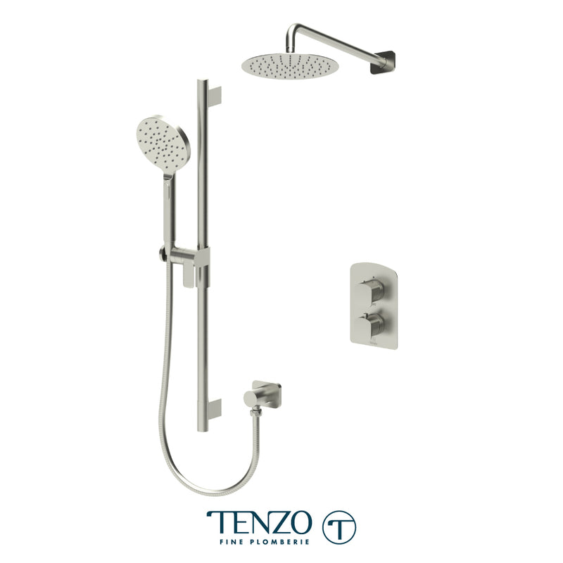 Tenzo Delano Thermostatic Shower System with 10" S.S. Rain Head & Hand Shower – Wall-Mount – Round Trim – Brushed Nickel – DET32-20111R-BN
