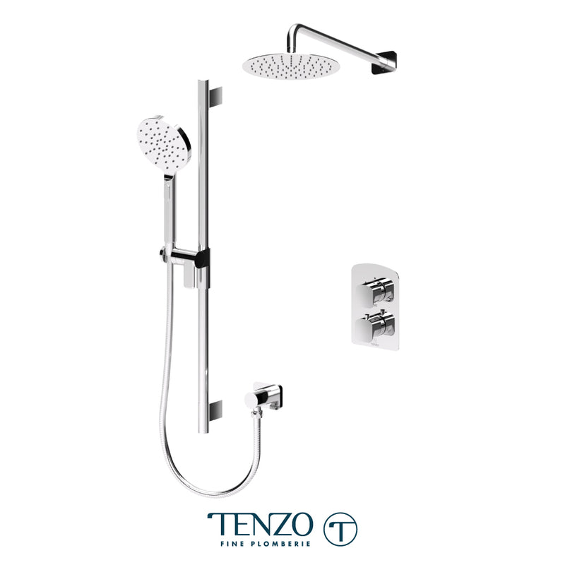 Tenzo Delano Thermostatic Shower System with 10" S.S. Rain Head & Hand Shower – Wall-Mount – Round Trim – Chrome – DET32-20111R-CR