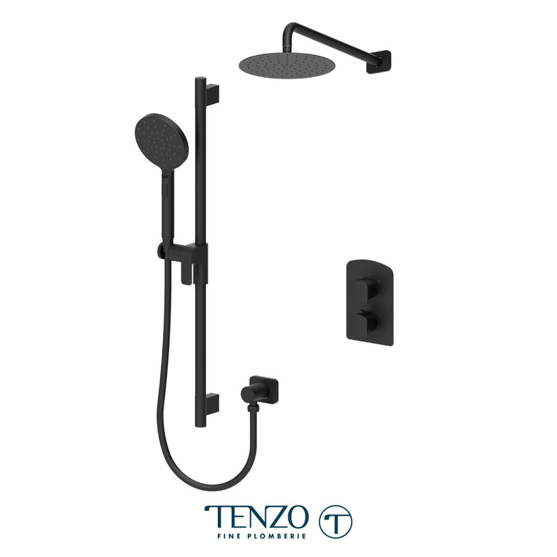 Tenzo Delano Thermostatic Shower System with 10" S.S. Rain Head & Hand Shower – Wall-Mount – Round Trim – Matte Black – DET32-20111R-MB