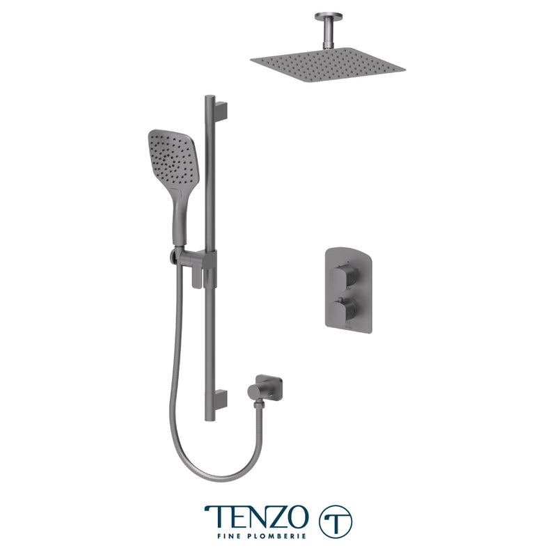 Tenzo Delano Thermostatic Shower System with 10" S.S. Rain Head & Hand Shower – Ceiling-Mount – Gunmetal – DET32-21131-GM