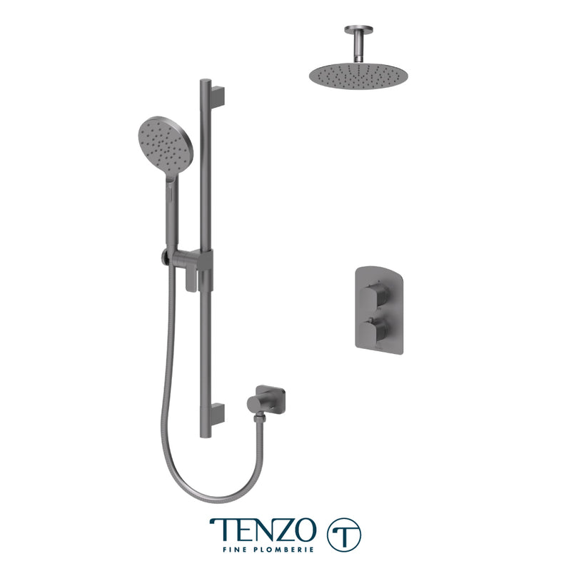 Tenzo Delano Thermostatic Shower System with 10" S.S. Rain Head & Hand Shower – Ceiling-Mount – Round Trim – Gunmetal – DET32-21131R-GM