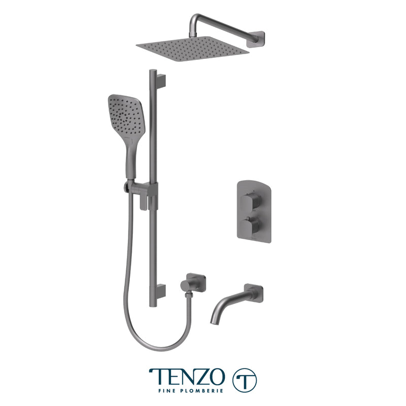 Tenzo Delano Thermostatic Shower & Tub System with 10" S.S. Rain Head, Hand Shower & Tub Spout – Ceiling-Mount – Gunmetal – DET33-501115-GM