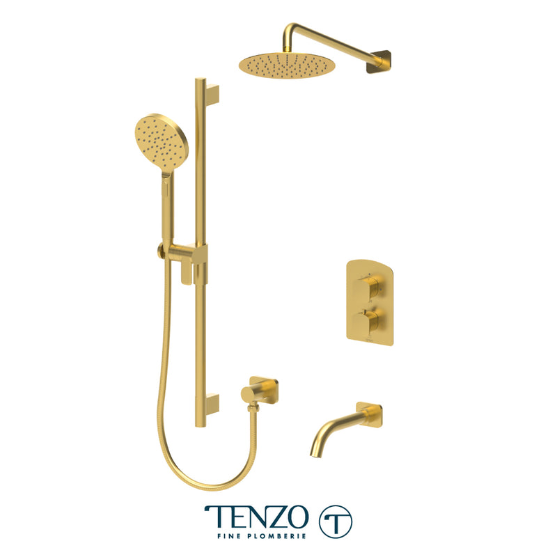 Tenzo Delano Thermostatic Shower & Tub System with 10" S.S. Rain Head, Hand Shower & Tub Spout – Ceiling-Mount – Round Trim – Brushed Gold – DET33-501115R-BG