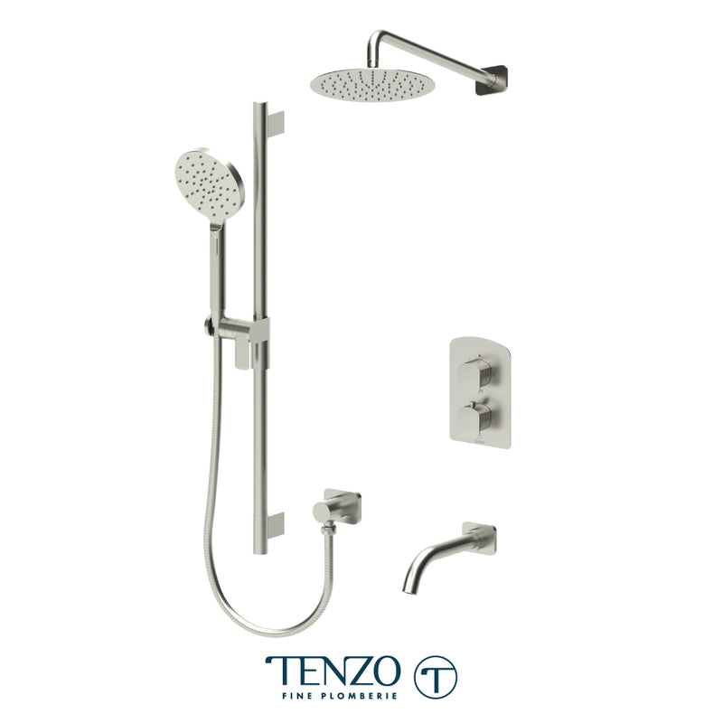 Tenzo Delano Thermostatic Shower & Tub System with 10" S.S. Rain Head, Hand Shower & Tub Spout – Ceiling-Mount – Round Trim – Brushed Nickel – DET33-501115R-BN