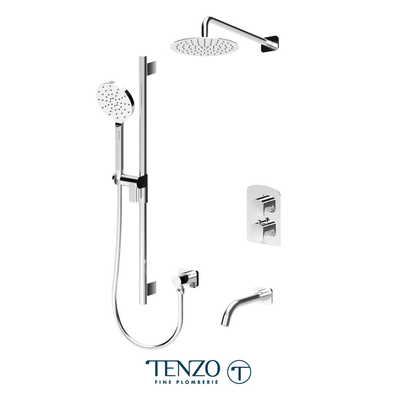 Tenzo Delano Thermostatic Shower & Tub System with 10" S.S. Rain Head, Hand Shower & Tub Spout – Ceiling-Mount – Round Trim – Chrome – DET33-501115R-CR