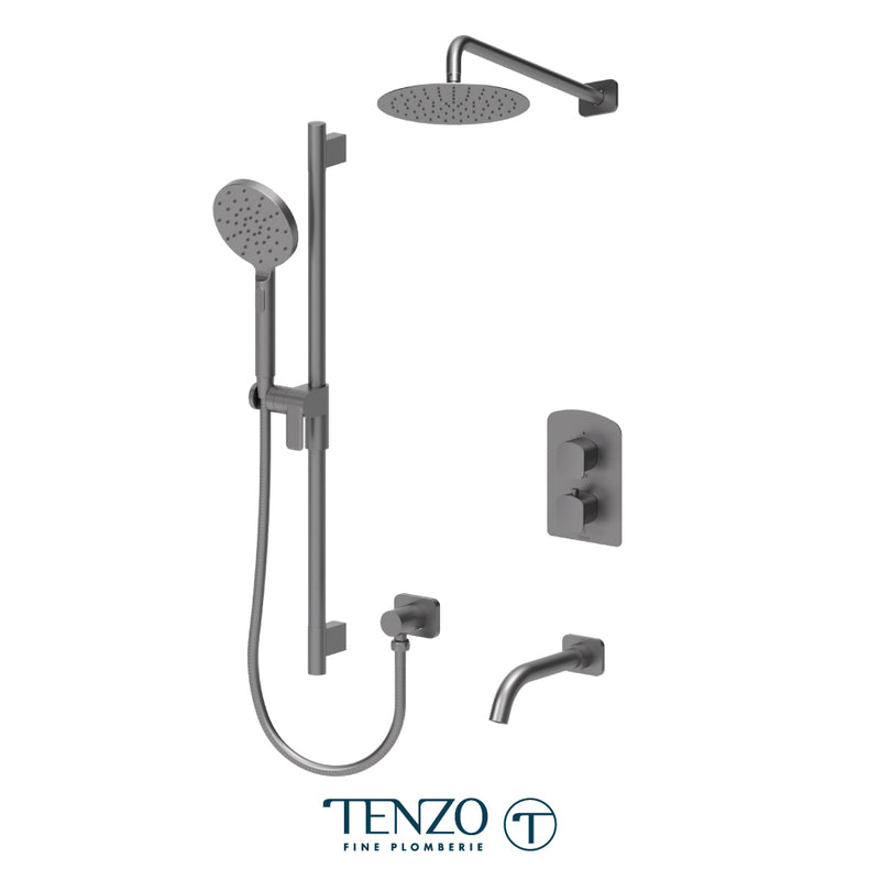 Tenzo Delano Thermostatic Shower & Tub System with 10" S.S. Rain Head, Hand Shower & Tub Spout – Ceiling-Mount – Round Trim – Gunmetal – DET33-501115R-GM