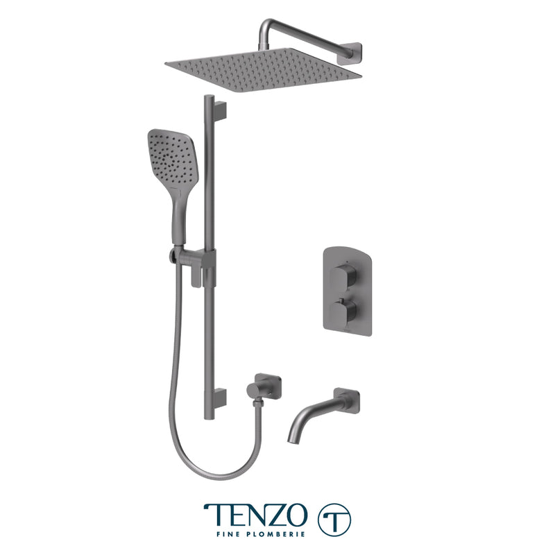 Tenzo Delano Thermostatic Shower & Tub System with 12" S.S. Rain Head, Hand Shower & Tub Spout – Ceiling-Mount – Gunmetal – DET33-501125-GM