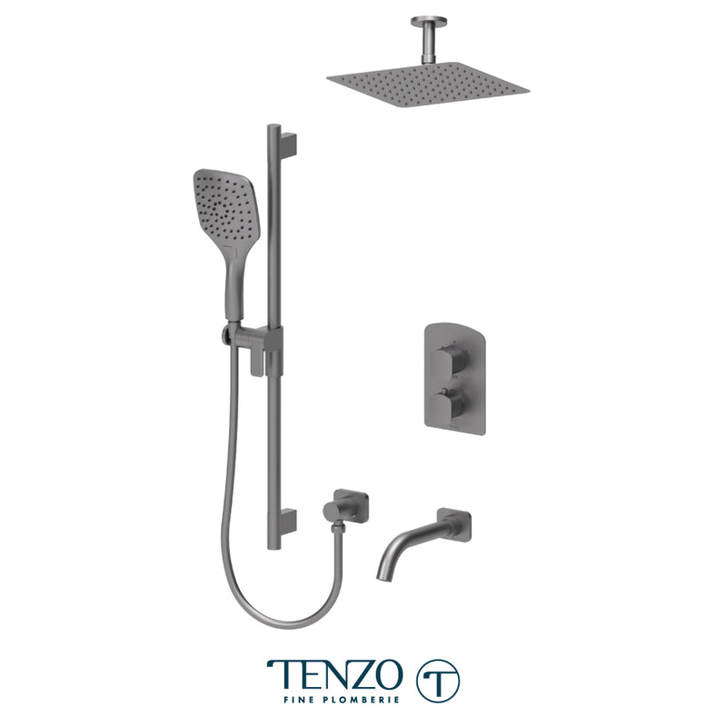 Tenzo Delano Thermostatic Shower & Tub System with 10" S.S. Rain Head, Hand Shower & Tub Spout – Ceiling-Mount – Gunmetal – DET33-511315-GM