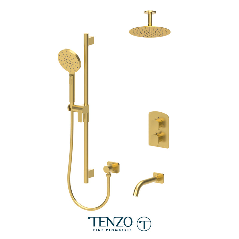 Tenzo Delano Thermostatic Shower & Tub System with 10" S.S. Rain Head, Hand Shower & Tub Spout – Ceiling-Mount – Round Trim – Brushed Gold – DET33-511315R-BG