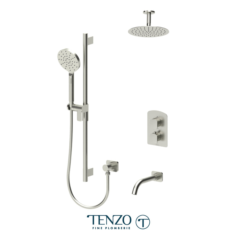 Tenzo Delano Thermostatic Shower & Tub System with 10" S.S. Rain Head, Hand Shower & Tub Spout – Ceiling-Mount – Round Trim – Brushed Nickel – DET33-511315R-BN