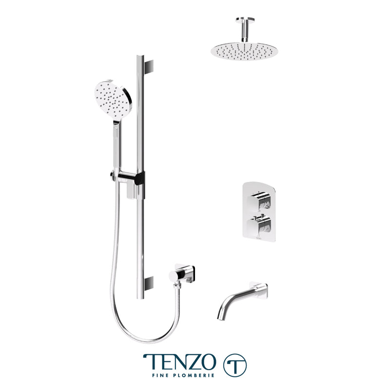 Tenzo Delano Thermostatic Shower & Tub System with 10" S.S. Rain Head, Hand Shower & Tub Spout – Ceiling-Mount – Round Trim – Chrome – DET33-511315R-CR