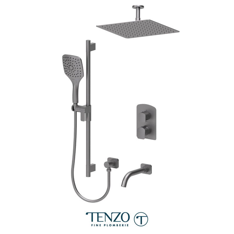 Tenzo Delano Thermostatic Shower & Tub System with 12" S.S. Rain Head, Hand Shower & Tub Spout – Ceiling-Mount – Gunmetal – DET33-511325-GM