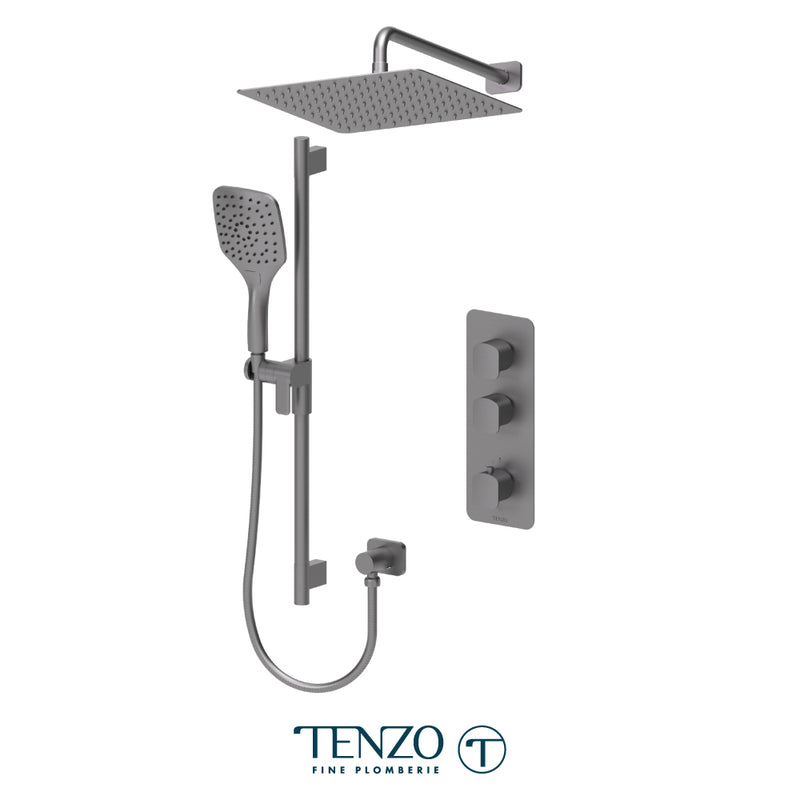 Tenzo Delano 3/4" Thermostatic Shower System with 12" S.S. Rain Head & Hand Shower – Wall-Mount – Gunmetal – DET42-20112-GM