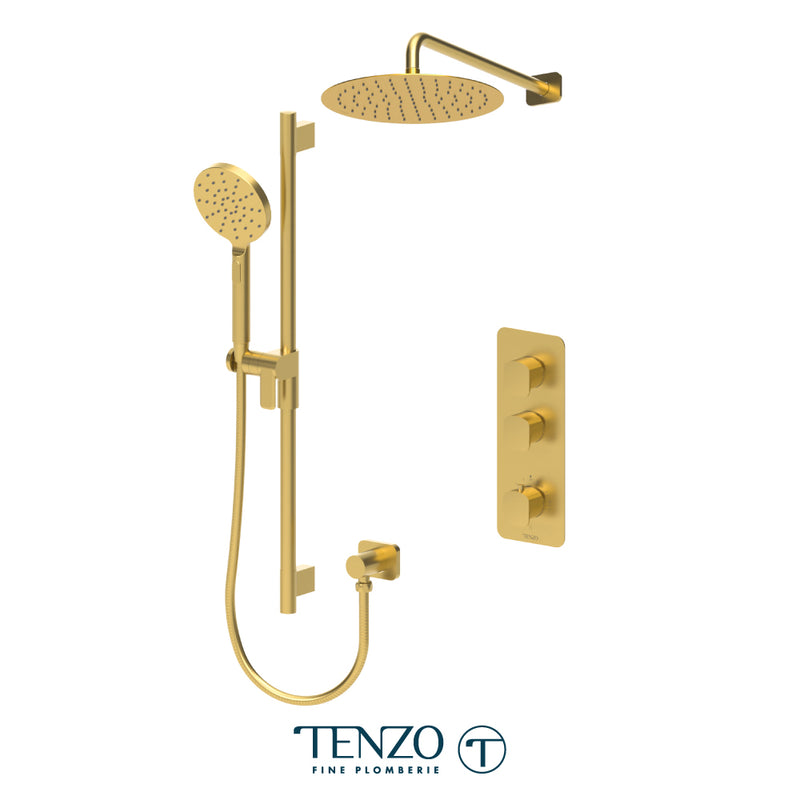 Tenzo Delano 3/4" Thermostatic Shower System with 12" S.S. Rain Head & Hand Shower – Wall-Mount – Round Trim – Brushed Gold – DET42-20112R-BG