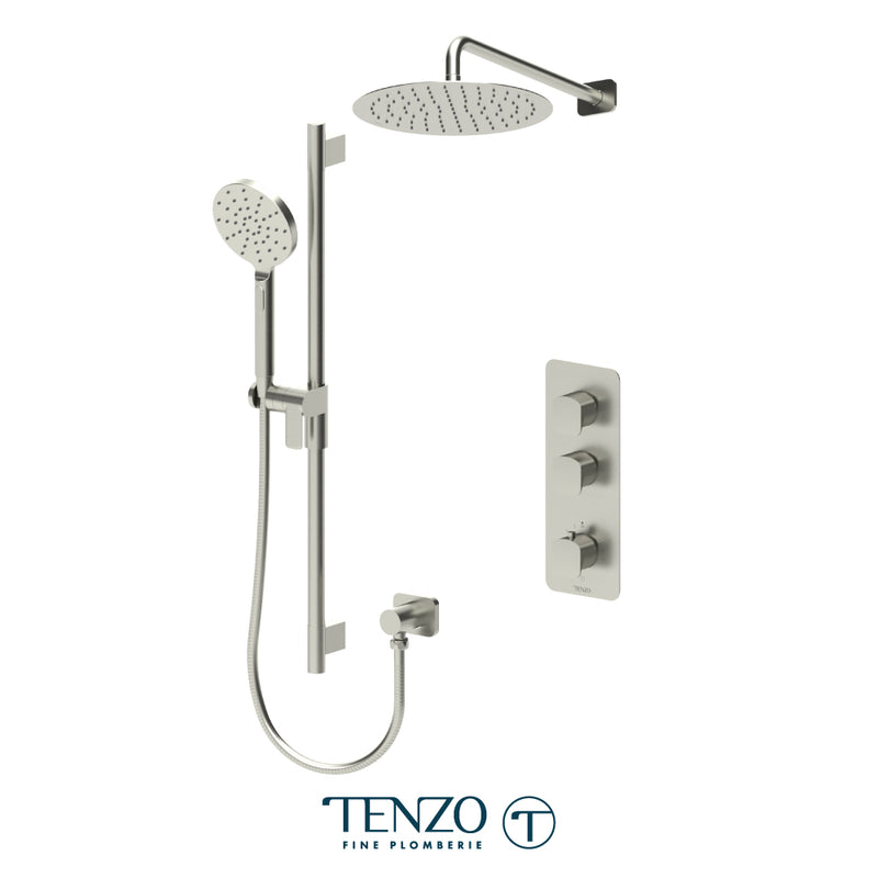 Tenzo Delano 3/4" Thermostatic Shower System with 12" S.S. Rain Head & Hand Shower – Wall-Mount – Round Trim – Brushed Nickel – DET42-20112R-BN
