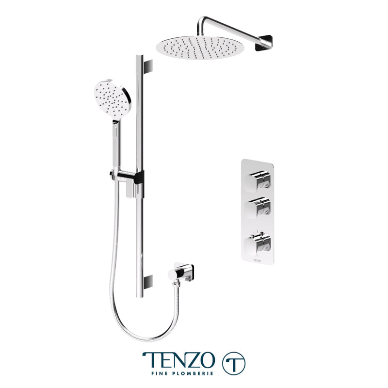 Tenzo Delano 3/4" Thermostatic Shower System with 12" S.S. Rain Head & Hand Shower – Wall-Mount – Round Trim – Chrome – DET42-20112R-CR