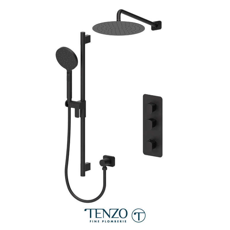 Tenzo Delano 3/4" Thermostatic Shower System with 12" S.S. Rain Head & Hand Shower – Wall-Mount – Round Trim – Matte Black – DET42-20112R-MB