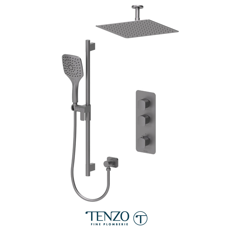 Tenzo Delano 3/4" Thermostatic Shower System with 12" S.S. Rain Head & Hand Shower – Ceiling-Mount – Gunmetal – DET42-21132-GM