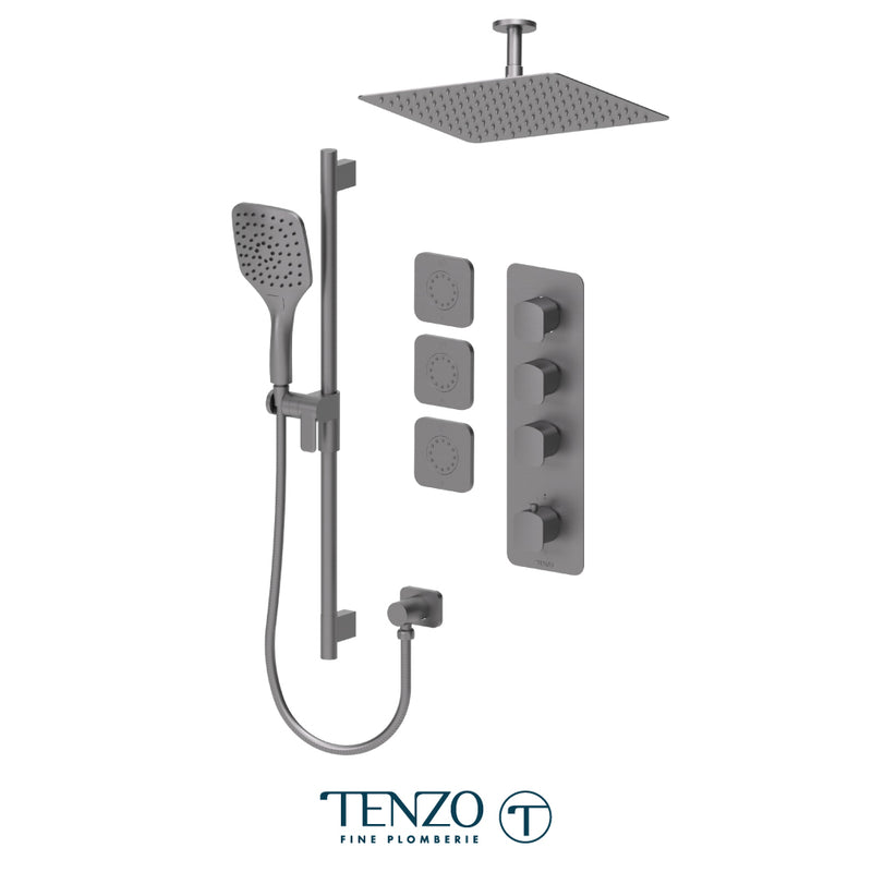Tenzo Delano 3/4" Thermostatic Shower System with 12" S.S. Rain Head, Hand Shower & Body Jets – Ceiling-Mount – Gunmetal – DET43-511315-GM