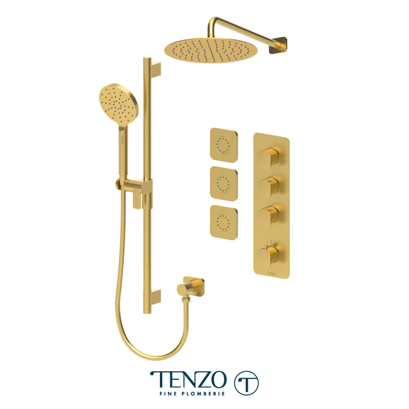 Tenzo Delano 3/4" Thermostatic Shower System with 12" S.S. Rain Head, Hand Shower & Body Jets – Wall-Mount – Round Trim – Brushed Gold – DET43-571112R-BG