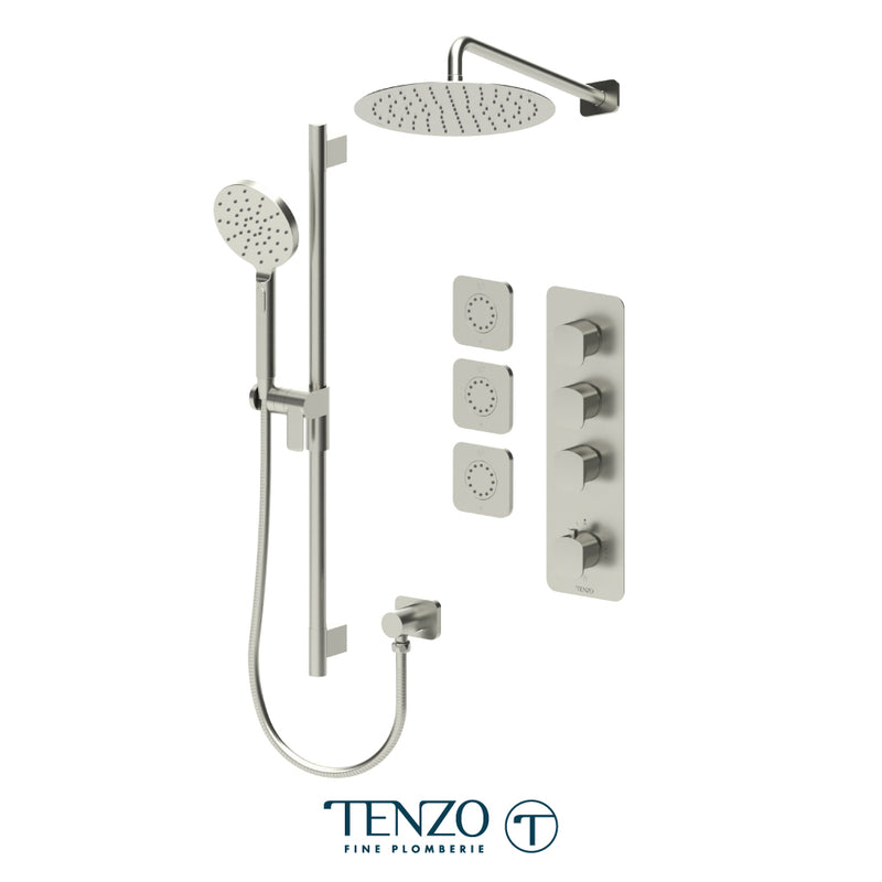 Tenzo Delano 3/4" Thermostatic Shower System with 12" S.S. Rain Head, Hand Shower & Body Jets – Wall-Mount – Round Trim – Brushed Nickel – DET43-571112R-BN