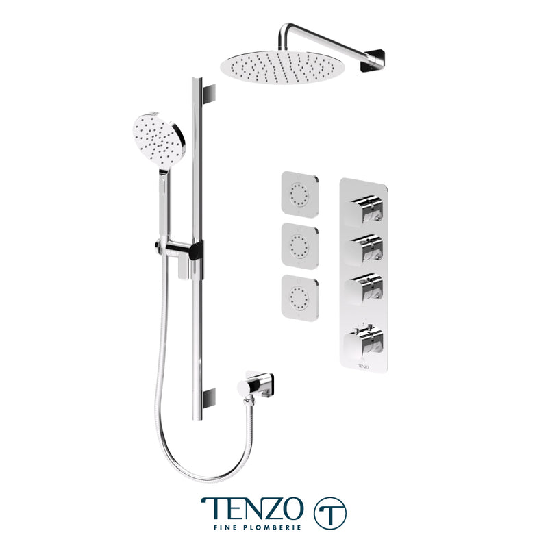 Tenzo Delano 3/4" Thermostatic Shower System with 12" S.S. Rain Head, Hand Shower & Body Jets – Wall-Mount – Round Trim – Chrome – DET43-571112R-CR