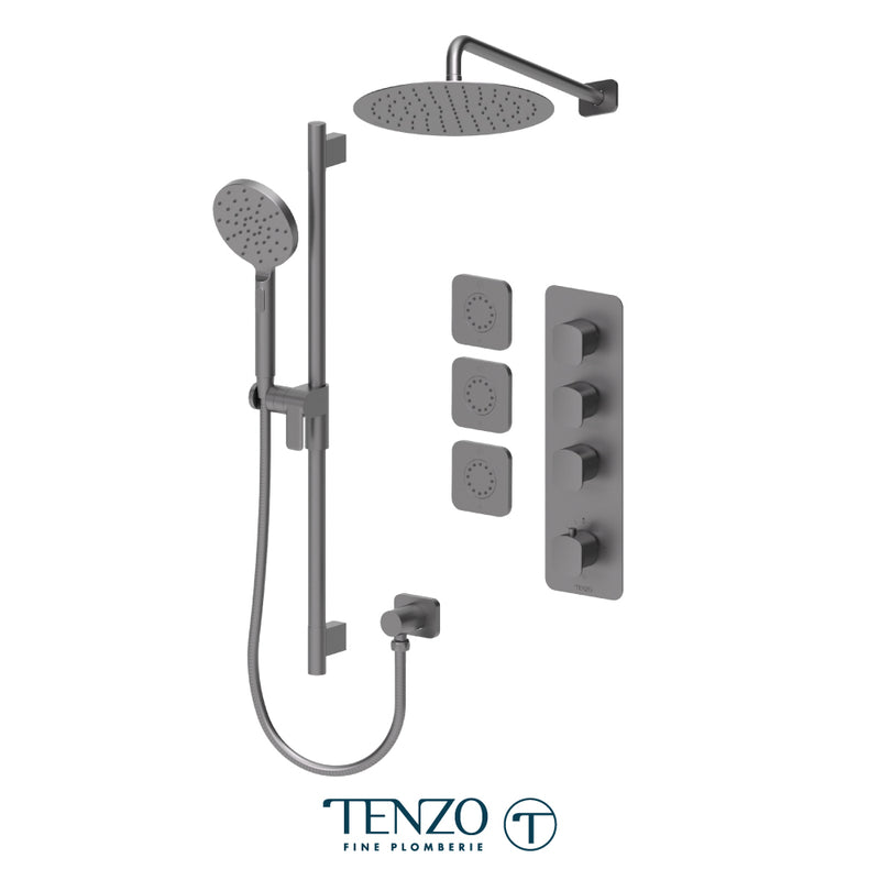 Tenzo Delano 3/4" Thermostatic Shower System with 12" S.S. Rain Head, Hand Shower & Body Jets – Wall-Mount – Round Trim – Gunmetal – DET43-571112R-GM