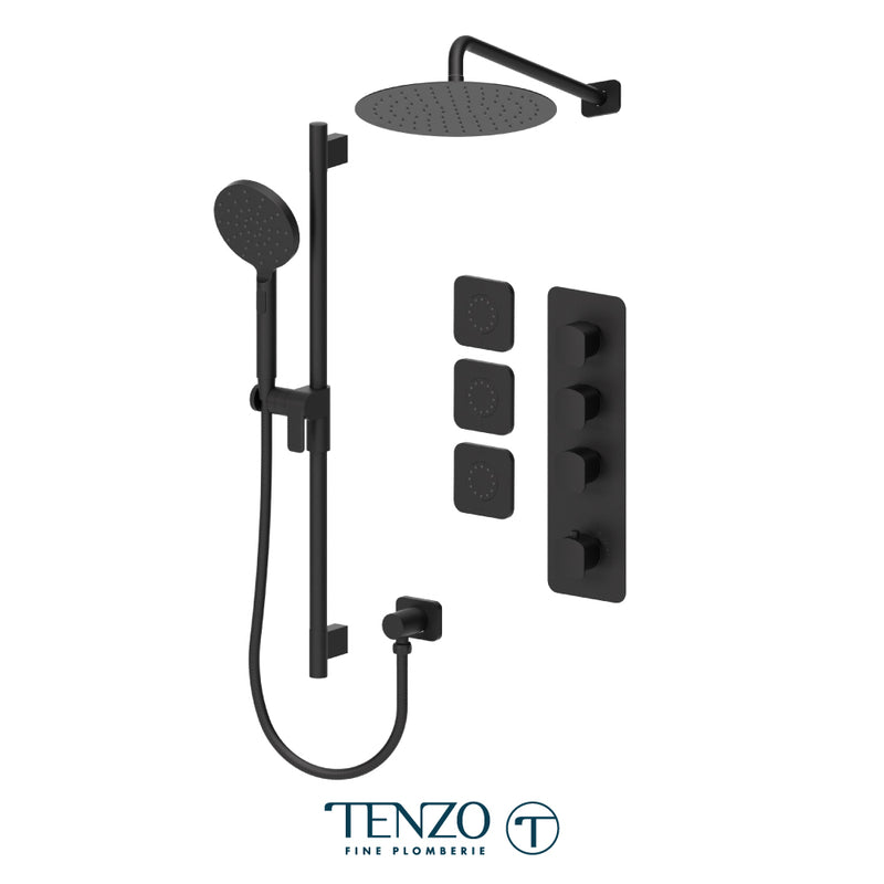 Tenzo Delano 3/4" Thermostatic Shower System with 12" S.S. Rain Head, Hand Shower & Body Jets – Wall-Mount – Round Trim – Matte Black – DET43-571112R-MB