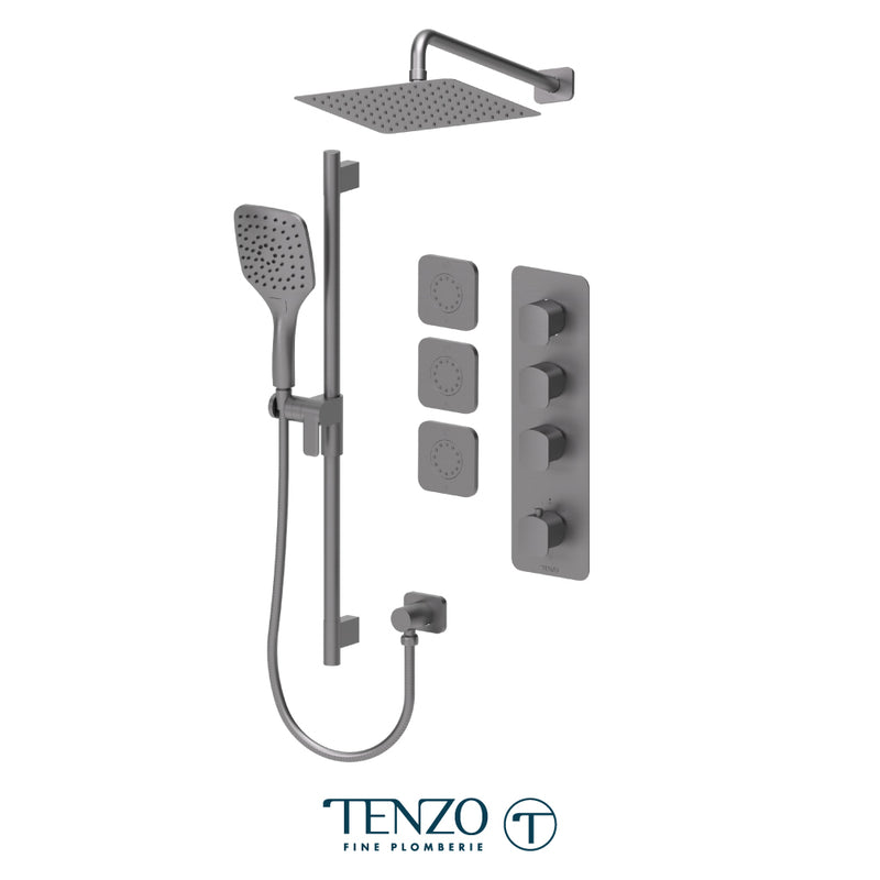 Tenzo Delano 3/4" Thermostatic Shower System with 10" S.S. Rain Head, Hand Shower & Body Jets – Wall-Mount – Gunmetal – DET43-571168-GM