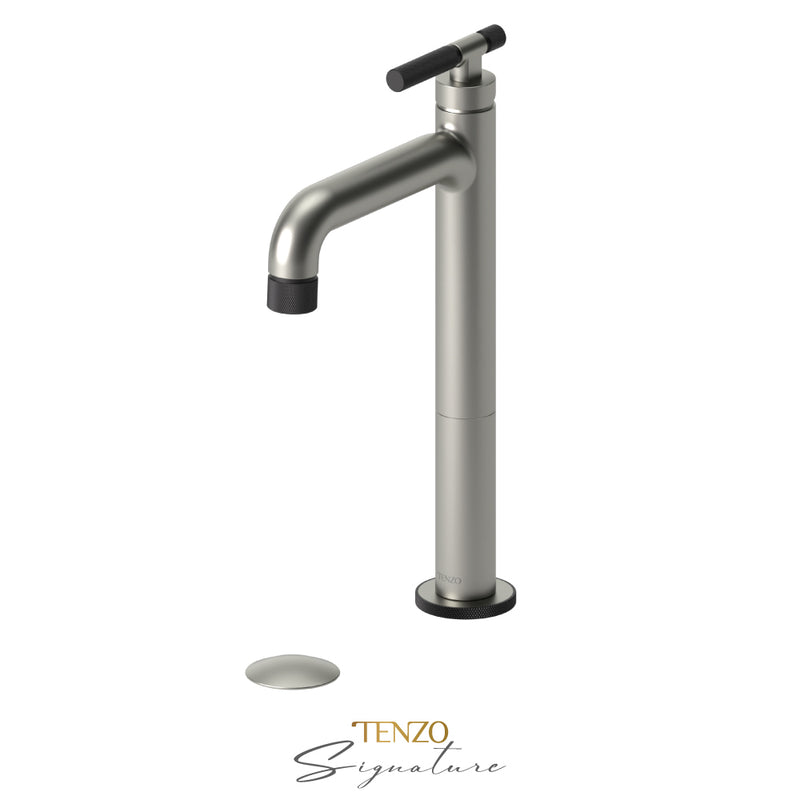 Robinet de lavabo simple et haut Tenzo Bellacio-F avec bonde (avec ou sans trop-plein) en nickel brossé/noir mat - BE11H-F-W-BN-MB