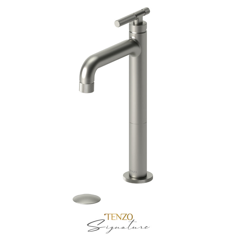 Robinet de lavabo simple et haut Tenzo Bellacio-F avec bonde (avec/sans trop-plein) en nickel brossé - BE11H-F-W-BN