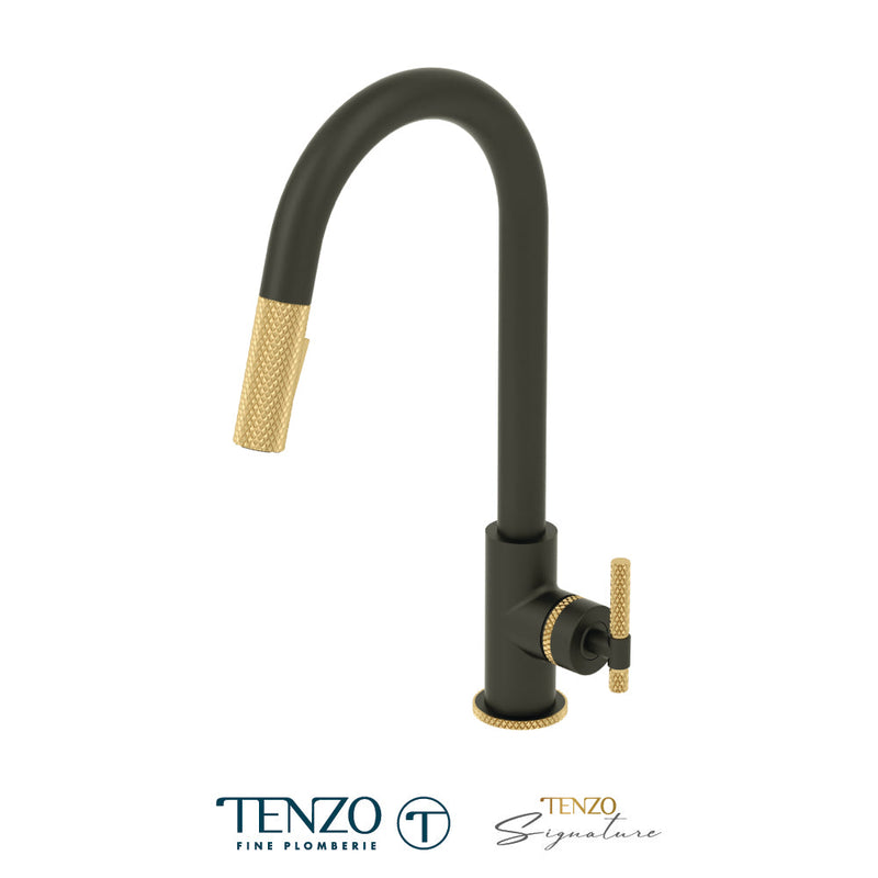 Tenzo Bellacio Single-Handle Kitchen Faucet With Pull-Down & 2-Function Hand Shower Matte Black / Brushed Gold - BE130-C-MB-BG