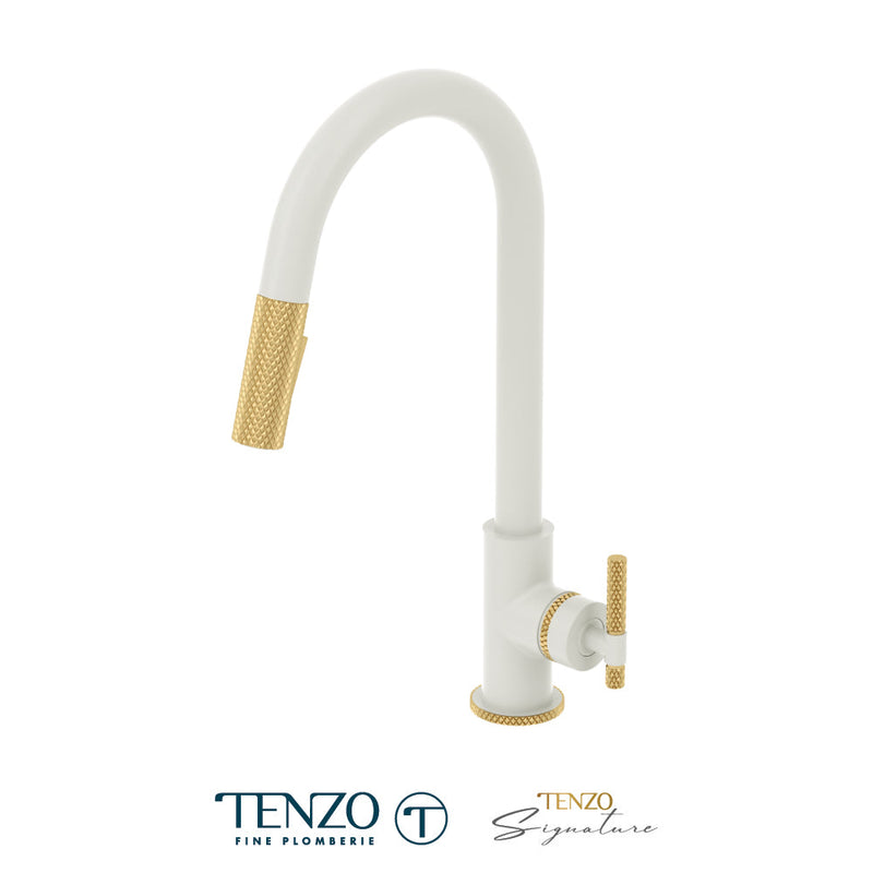 Tenzo Bellacio Single-Handle Kitchen Faucet With Pull-Down & 2-Function Hand Shower Matte White / Brushed Gold - BE130-C-MW-BG