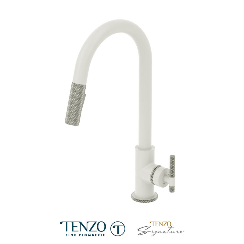 Tenzo Bellacio Single-Handle Kitchen Faucet With Pull-Down & 2-Function Hand Shower Matte White / Stainless Steel - BE130-C-MW-SS