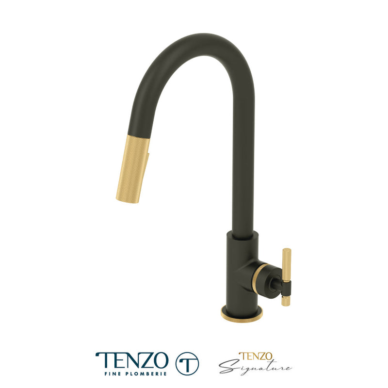 Tenzo Bellacio Single-Handle Kitchen Faucet With Pull-Down & 2-Function Hand Shower Matte Black / Brushed Gold - BE130-F-MB-BG