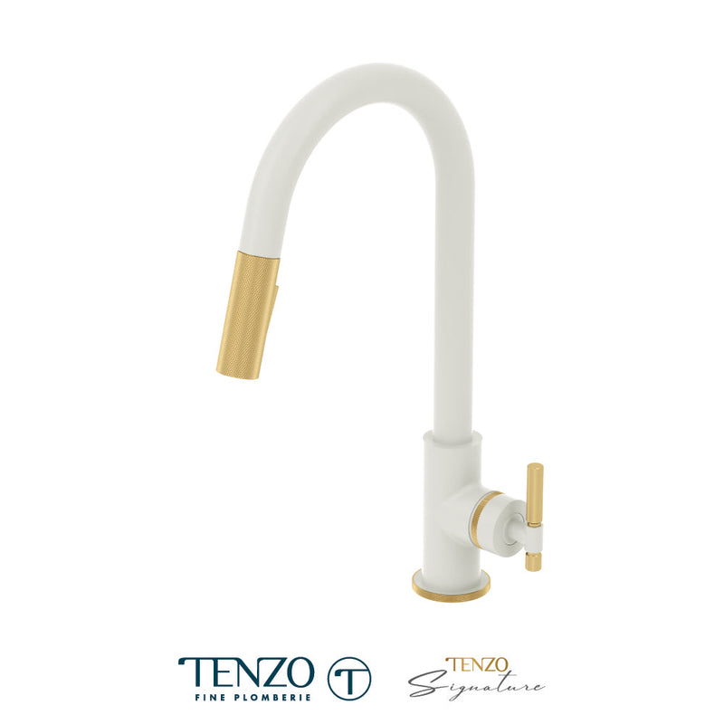 Tenzo Bellacio Single-Handle Kitchen Faucet With Pull-Down & 2-Function Hand Shower Matte White / Brushed Gold - BE130-F-MW-BG