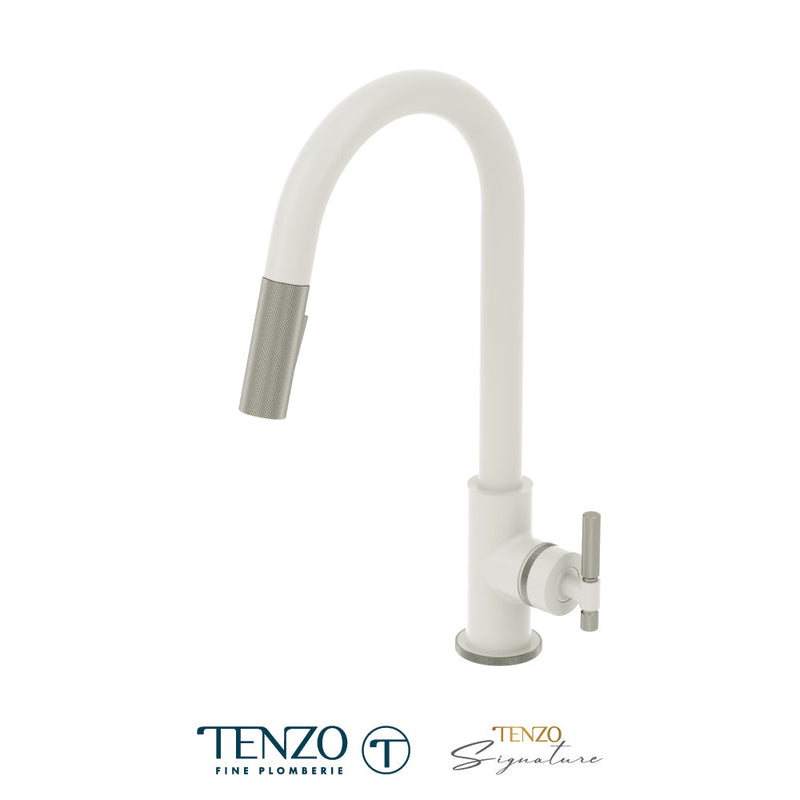 Tenzo Bellacio Single-Handle Kitchen Faucet With Pull-Down & 2-Function Hand Shower Matte White / Stainless Steel - BE130-F-MW-SS