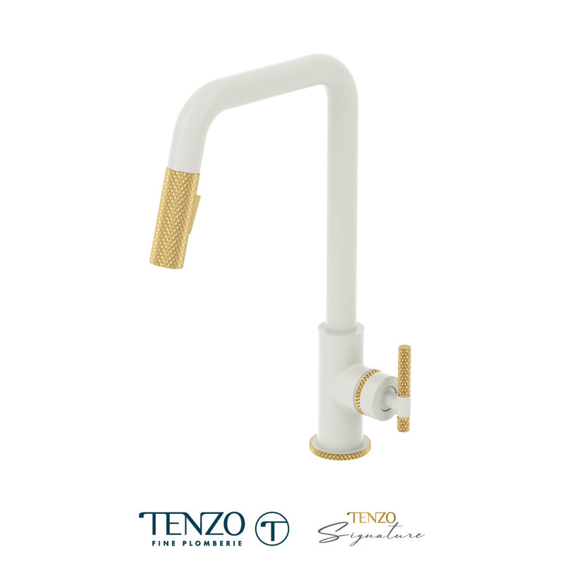 Tenzo Bellacio Single-Handle Kitchen Faucet With Pull-Down & 2-Function Hand Shower Matte White / Brushed Gold - BE131-C-MW-BG