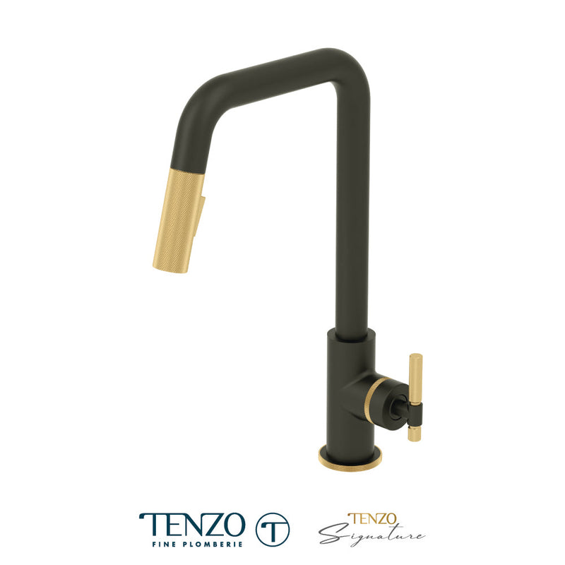 Tenzo Bellacio Single-Handle Kitchen Faucet With Pull-Down & 2-Function Hand Shower Matte Black / Brushed Gold - BE131-F-MB-BG