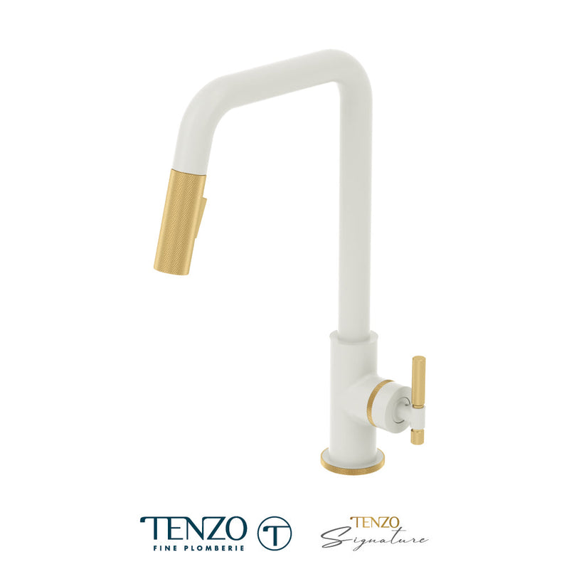 Tenzo Bellacio Single-Handle Kitchen Faucet With Pull-Down & 2-Function Hand Shower Matte White / Brushed Gold - BE131-F-MW-BG