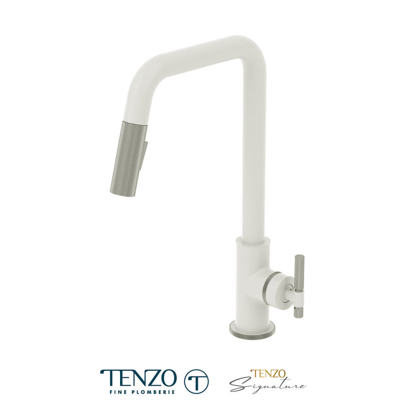 Tenzo Bellacio Single-Handle Kitchen Faucet With Pull-Down & 2-Function Hand Shower Matte White / Stainless Steel - BE131-F-MW-SS
