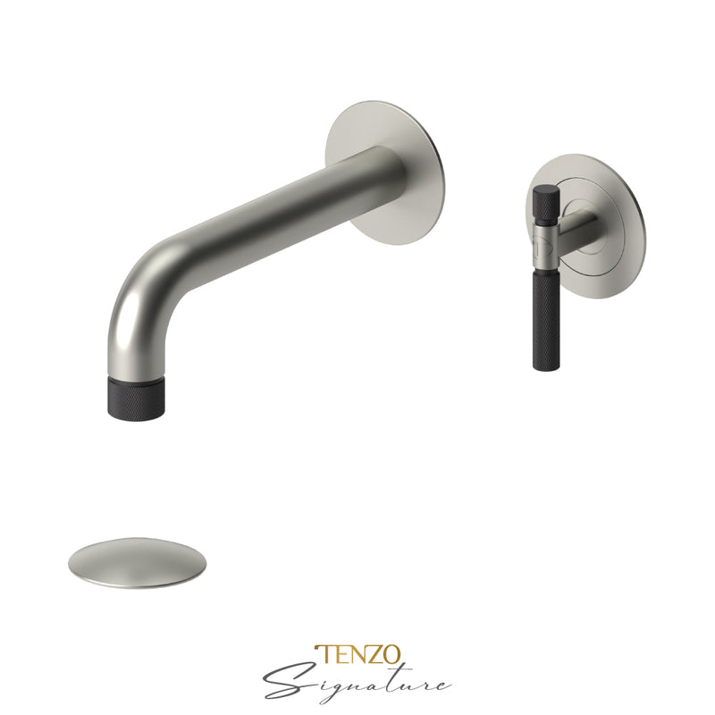 Robinet de lavabo mural Tenzo Bellacio-F avec drain (avec/sans trop-plein) nickel brossé/noir mat - BE14-F-W-BN-MB
