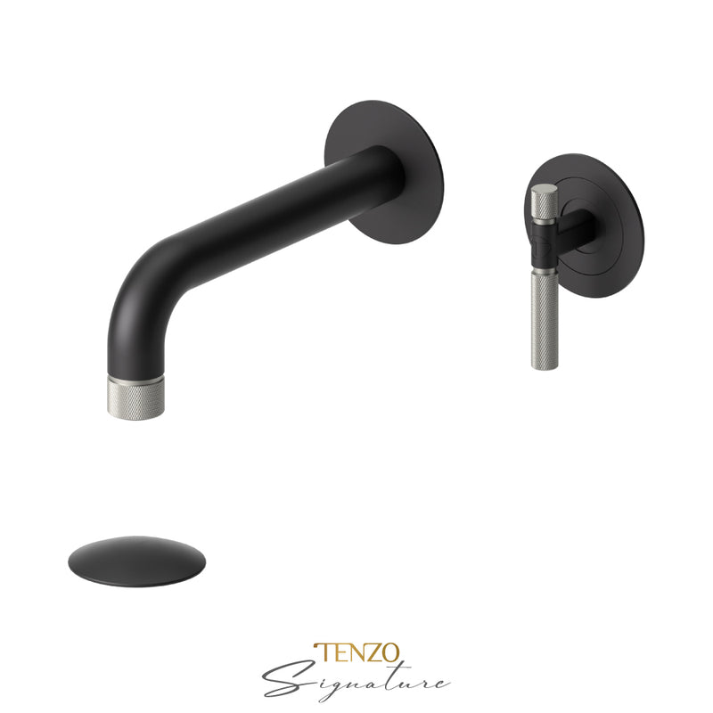 Robinet de lavabo mural Tenzo Bellacio-F avec bonde (avec ou sans trop-plein) noir mat/nickel brossé - BE14-F-W-MB-BN