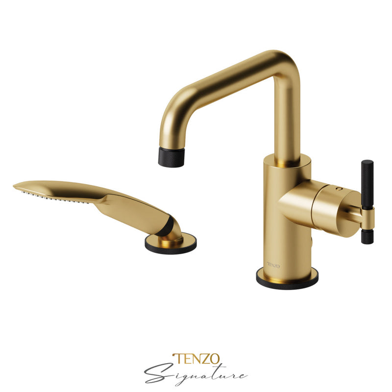 Tenzo Bellacio-F Deck Mount 2 Pcs Tub Filler Brushed Gold/Matte Black - BE31-F-PB-BG-MB