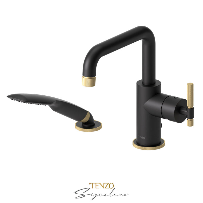 Tenzo Bellacio-F Deck Mount 2 Pcs Tub Filler Matte Black/Brushed Gold - BE31-F-PB-MB-BG