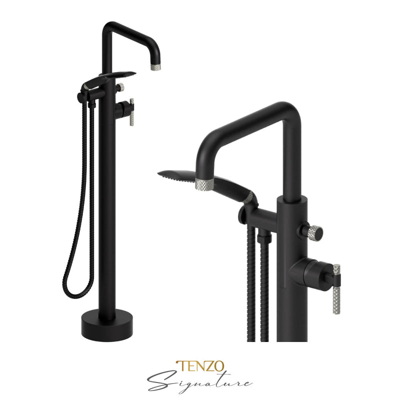 Tenzo Bellacio-C Floor Mount Tub Filler Matte Black/Brushed Nickel - BE52-C-MB-BN