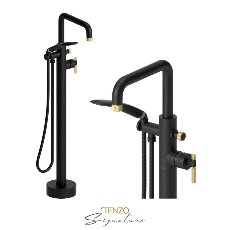 Tenzo Bellacio-F Floor Mount Tub Filler Matte Black/Brushed Gold - BE52-F-MB-BG