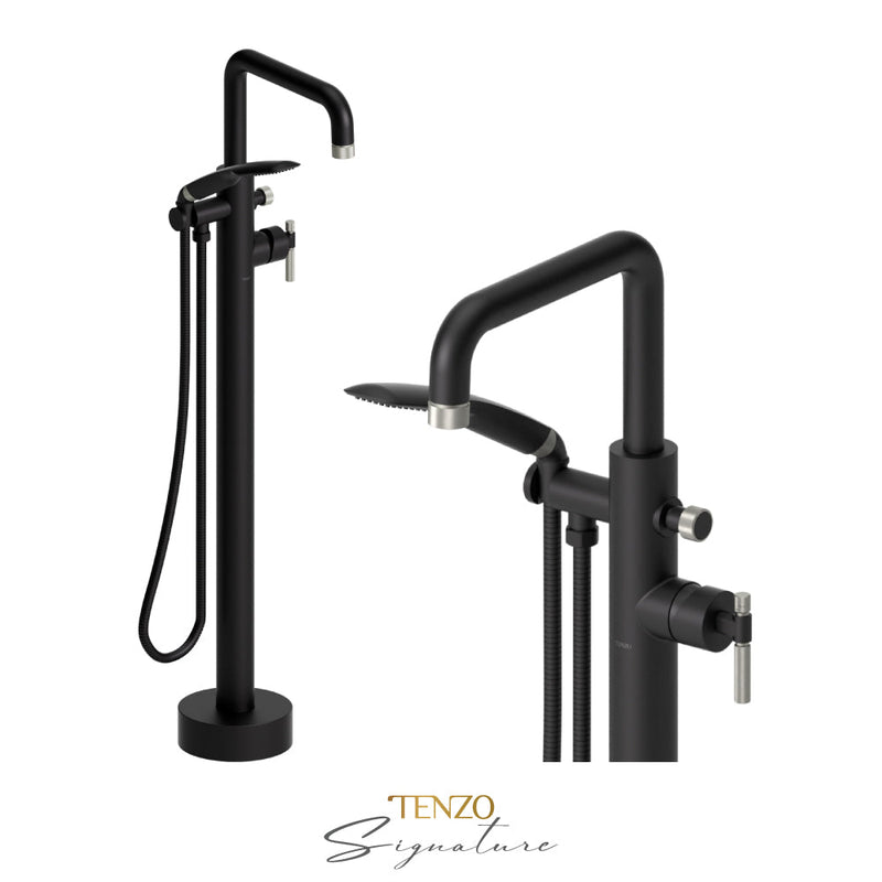 Tenzo Bellacio-F Floor Mount Tub Filler Matte Black/Brushed Nickel - BE52-F-MB-BN