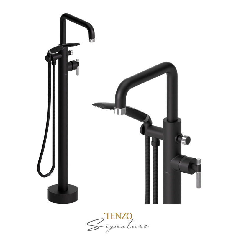 Tenzo Bellacio-F Floor Mount Tub Filler Matte Black/Chrome - BE52-F-MB-CR