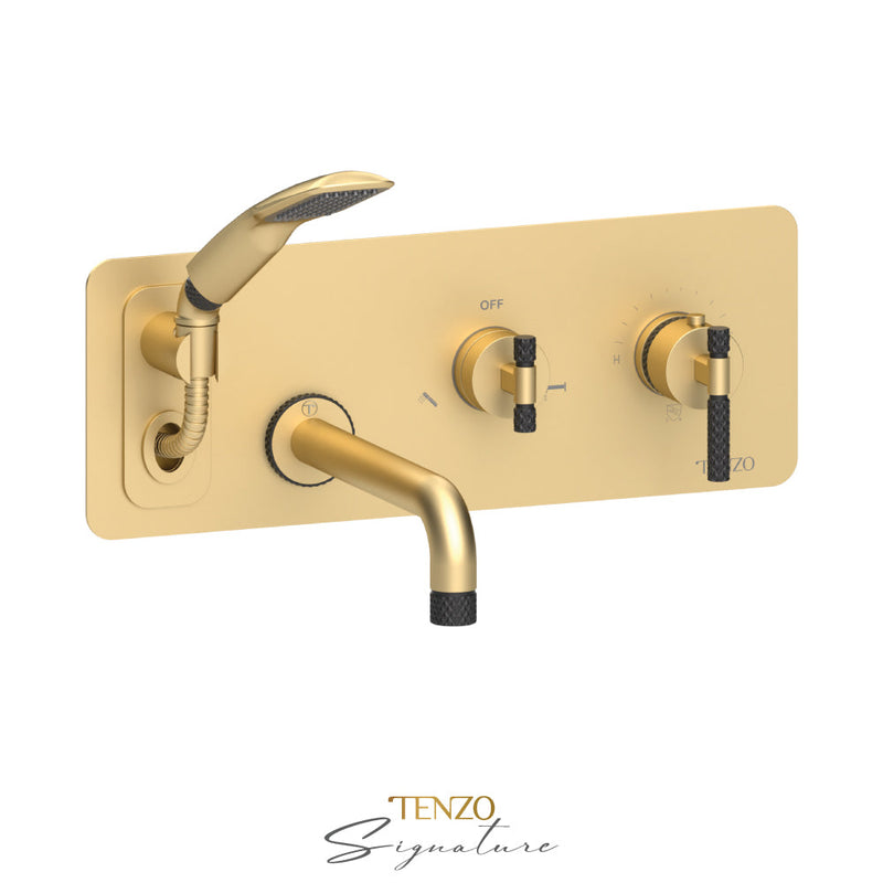 Tenzo Bellacio-C Wall Mount Tub Faucet With Retractable Hose Brushed Gold/Matte Black - BET73-C-BG-MB